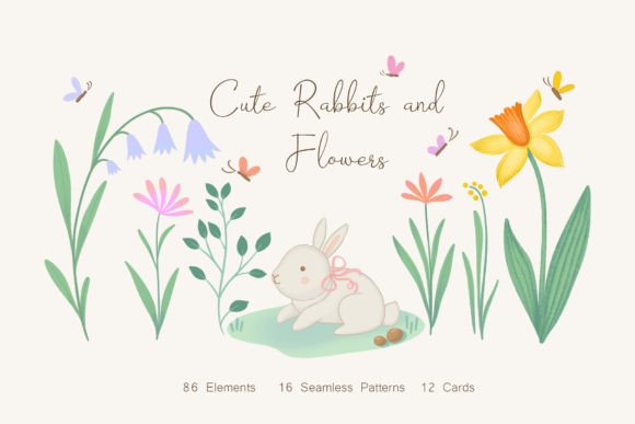 Download Cute Rabbits and Flowers Illustrations - Illustration Collection